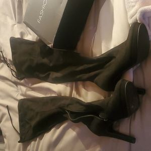 Fashion Nova over the knee black platform 5" heel boots